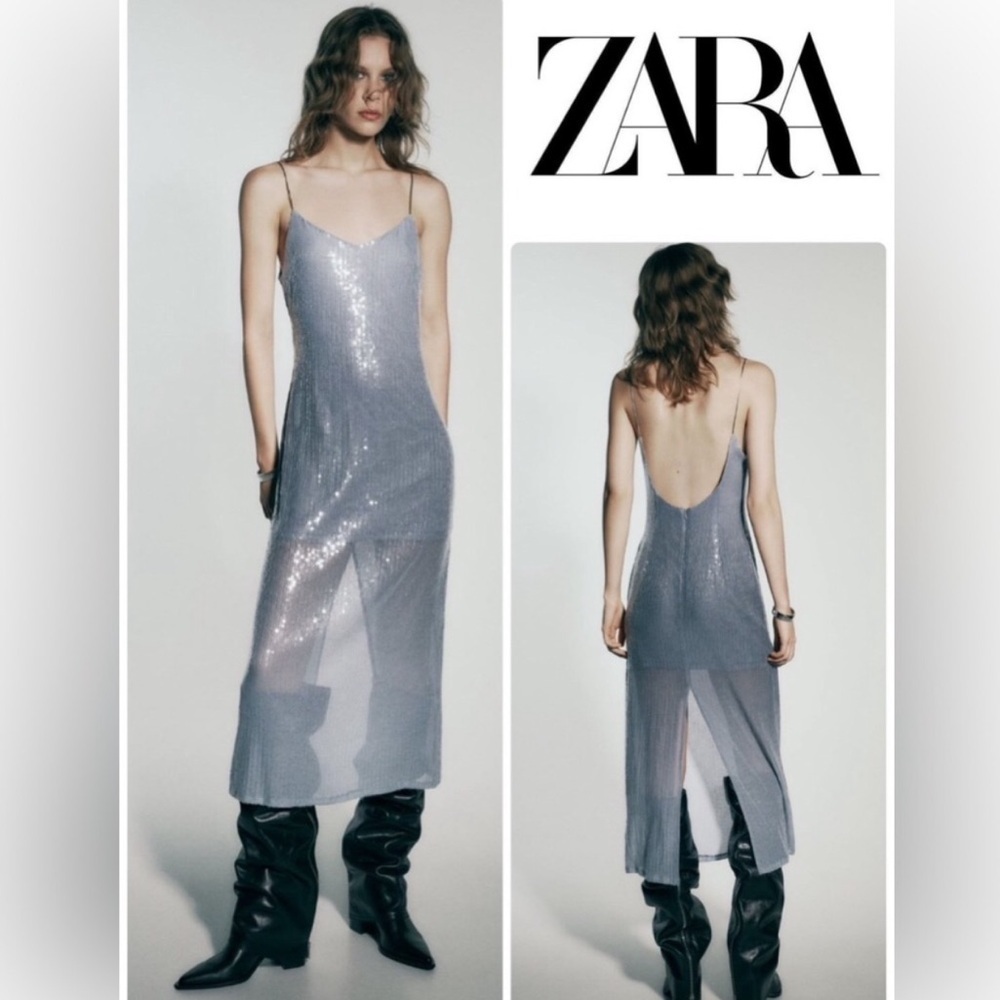 ZARA Degrade Silver Shimmer Sequin Midi Slip Prom Dress Size XS NEW WITH TAGS - Picture 3 of 16
